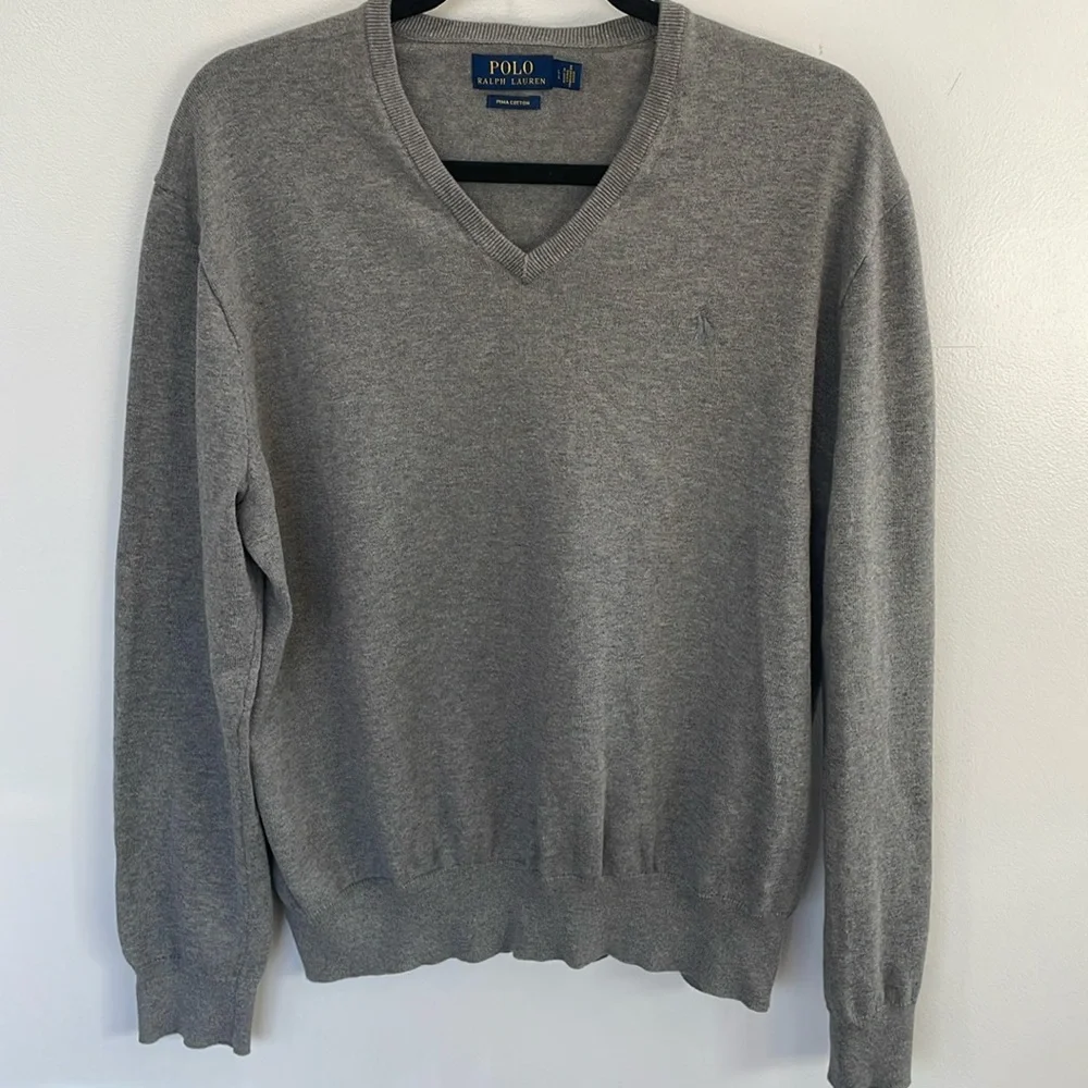 Men’s Polo Ralph Lauren gray V-neck preppy 90’s Pima cotton long sleeve sweater
